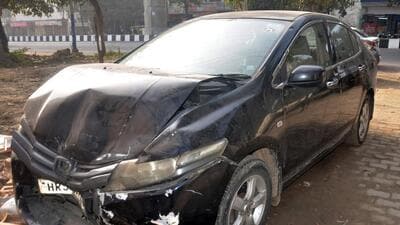 The Honda City was rammed by a Fortuner SUV late Sunday night. (Sakib Ali/HT Photo) The Honda City was rammed by a Fortuner SUV late Sunday night. (Sakib Ali/HT Photo)