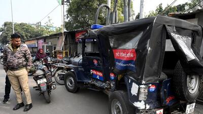 The police vehicle that was rammed by a pick-up truck. (Sunil Ghosh/HT Photo) The police vehicle that was rammed by a pick-up truck. (Sunil Ghosh/HT Photo)