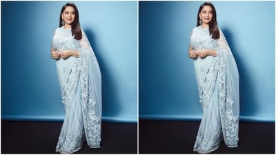 Madhuri's saree is from the shelves of ace celebrity fashion designer Manish Malhotra, while her styling was expertly done by celebrity fashion stylist Mohit Rai. (Instagram/@madhuridixitnene) Madhuri's saree is from the shelves of ace celebrity fashion designer Manish Malhotra, while her styling was expertly done by celebrity fashion stylist Mohit Rai. (Instagram/@madhuridixitnene)