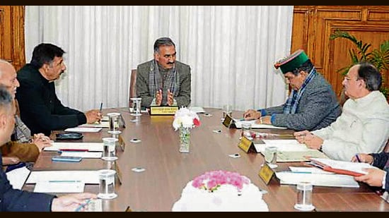 Chief minister Sukhvinder Singh Sukhu with other ministers during the cabinet meeting on Monday. (HT Photo)