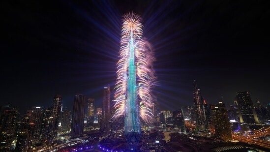 New Year 2024: Fireworks explode at the Burj Khalifa, the world's tallest building, during the New Year's Eve celebration, in Dubai.(AP)