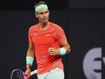 Rafael Nadal of Spain reacts after winning the first set in his match against Dominic Thiem of Austria during the Brisbane International tennis tournament in Brisbane, Australia, Tuesday, Jan. 2