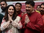 Madhuri Dixit and her husband Shriram Nene during their visit at Siddhivinayak temple in Mumbai. (AFP) Madhuri Dixit and her husband Shriram Nene during their visit at Siddhivinayak temple in Mumbai. (AFP)