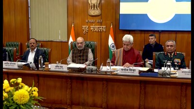 (From left) NSA Ajit Doval, Union home minister Amit Shah, J&K L-G Manij Sinha and Army Chief General Manoj Pande at the meeting in New Delhi on Tuesday. (ANI)