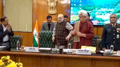Union Home Minister Amit Shah chairs a high-level meeting with Jammu and Kashmir LG Manoj Sinha, in New Delhi. Chief of Army Staff General Manoj Pande and NSA Ajit Doval are also seen. (PTI) Union Home Minister Amit Shah chairs a high-level meeting with Jammu and Kashmir LG Manoj Sinha, in New Delhi. Chief of Army Staff General Manoj Pande and NSA Ajit Doval are also seen. (PTI)