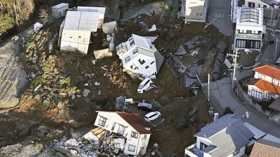 Houses fallen by an earthquake are seen in Kanazawa, Ishikawa prefecture, Japan Tuesday, Jan. 2, 2024. (AP)