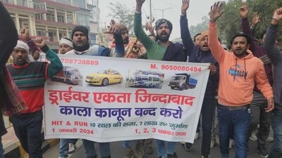 Operators and drivers of private buses during a protest in Haryana on Monday. (HT Photo)