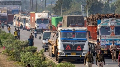 Trucks are parked on a highway amid 'rasta roko' protest by truck drivers, in Nagpur, Tuesday, Jan. 2, 2024. Truckers are protesting against the provision in the new penal law regarding hit-and-run road accident cases involving motorists. (PTI) Trucks are parked on a highway amid 'rasta roko' protest by truck drivers, in Nagpur, Tuesday, Jan. 2, 2024. Truckers are protesting against the provision in the new penal law regarding hit-and-run road accident cases involving motorists. (PTI)