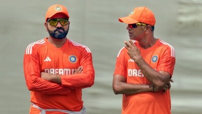 India head coach Rahul Dravid and captain Rohit Sharma converse during a practice session (PTI) India head coach Rahul Dravid and captain Rohit Sharma converse during a practice session (PTI)