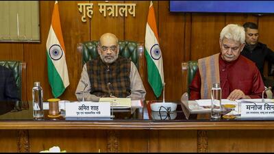 Union home minister Amit Shah chairs a high-level meeting to review security situation in Jammu and Kashmir in New Delhi. (PTI/Via MHA) Union home minister Amit Shah chairs a high-level meeting to review security situation in Jammu and Kashmir in New Delhi. (PTI/Via MHA)
