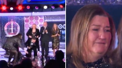 Pamela Bradshaw fell to the ground after her name was called out on ‘Dick Clark’s New Year’s Rockin’ Eve' (@RockinEve screenshots/X) Pamela Bradshaw fell to the ground after her name was called out on ‘Dick Clark’s New Year’s Rockin’ Eve' (@RockinEve screenshots/X)