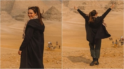 On Tuesday, Sonakshi gave her followers a sweet surprise as the actress took to Instagram and uploaded a series of glam pictures accompanied by the caption, “Lo and behold - the great Pyramids of Giza (aur saath mein feature karte hue - ship of the desert Camel bhai) Thats one off the bucket list.” (Instagram/@aslisona) On Tuesday, Sonakshi gave her followers a sweet surprise as the actress took to Instagram and uploaded a series of glam pictures accompanied by the caption, “Lo and behold - the great Pyramids of Giza (aur saath mein feature karte hue - ship of the desert Camel bhai) Thats one off the bucket list.” (Instagram/@aslisona)