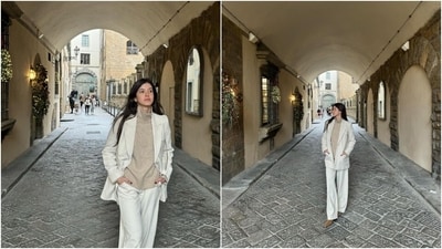 Coming to what Shanaya wore for the outing, she chose a sleek powersuit and cardigan look. She chose an off-white-coloured blazer featuring notch-lapel collars, full-length sleeves, padded shoulders, relaxed fitting, and an open front. She teamed the jacket with matching off-white pants featuring a high-rise waist, flared hem, and a straight-leg fitting. (Instagram) Coming to what Shanaya wore for the outing, she chose a sleek powersuit and cardigan look. She chose an off-white-coloured blazer featuring notch-lapel collars, full-length sleeves, padded shoulders, relaxed fitting, and an open front. She teamed the jacket with matching off-white pants featuring a high-rise waist, flared hem, and a straight-leg fitting. (Instagram)