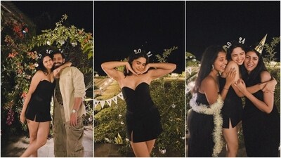 Sharvari Wagh celebrated New Year with her gang. The actor posted pictures of the celebrations with the caption, "Happy me in happy 2024!" For the occasion, Sharvari wore a black strapless mini dress and a 2024 headband. (Instagram) Sharvari Wagh celebrated New Year with her gang. The actor posted pictures of the celebrations with the caption, "Happy me in happy 2024!" For the occasion, Sharvari wore a black strapless mini dress and a 2024 headband. (Instagram)
