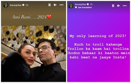 Karan Johar poses with Rani Mukerji in New Year party pic; reveals his learnings from last year on Instagram Stories. Karan Johar poses with Rani Mukerji in New Year party pic; reveals his learnings from last year on Instagram Stories.