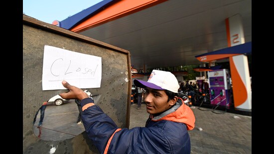 Amid apprehensions that fuel stations may start running dry and essential goods will be in short supply if the strike prolongs, oil agencies on Tuesday took stock of the situation in the state to make necessary arrangements. (Deepak Gupta)