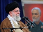 Iran's Supreme Leader Ayatollah Ali Khamenei on December 23, 2023 shows him addressing an audience from Kerman and Khuzestan in Tehran as behind him is displayed a picture of Qasem Soleimani. Iran's Supreme Leader Ayatollah Ali Khamenei on December 23, 2023 shows him addressing an audience from Kerman and Khuzestan in Tehran as behind him is displayed a picture of Qasem Soleimani.
