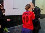 Fernando Rodriguez, 50, and his wife Rocio Garcia, 48, dressed up as the former president of Spanish Football Federation Luis Rubiales and Spain's player Jennifer Hermoso, pose for a photo depicting the controversy over a kiss