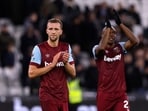 West Ham United's Tomas Soucek and Angelo Ogbonna applaud fans after the match