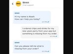 The image shows a part of a conversation between a Blinkit executive and a customer. The image shows a part of a conversation between a Blinkit executive and a customer.