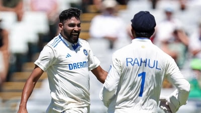 India's Mohammed Siraj celebrates after taking the wicket of South Africa's David Bedingham (REUTERS)