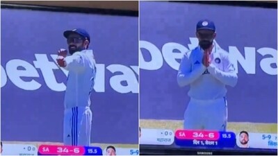 Virat Kohli's gesture as Keshav Maharaj arrives at the crease (X) Virat Kohli's gesture as Keshav Maharaj arrives at the crease (X)