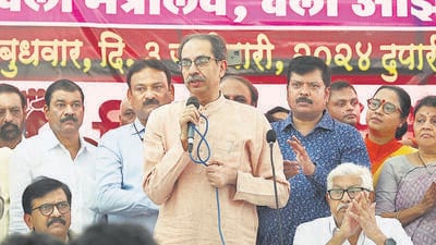 Mumbai, India – Jan 03, 2024: Shiv Sena (UBT) president Uddhav Thackeray addresses Anganwadi workers during their protest at Azad Maidan, in Mumbai, India, on Wednesday, Jan 03, 2024. (Photo by Bhushan Koyande/HT Photo)