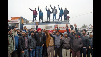 Oil tanker drivers raising slogans during a protest in Jammu on Tuesday. (ANI file)