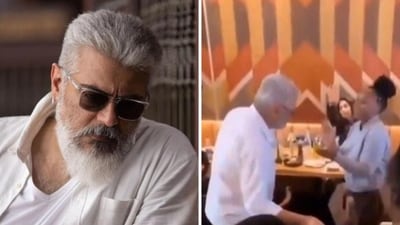 Ajith Kumar shook a leg with a hotel staff during New Year celebrations. Ajith Kumar shook a leg with a hotel staff during New Year celebrations.