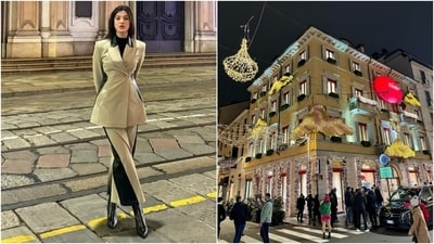 Shanaya wore a beige-coloured notch-lapel blazer and flared pants featuring black leather panelling for this click. She styled the powersuit with a black ribbed turtleneck, heeled boots, centre-parted open locks, and a dewy glam look. (Instagram) Shanaya wore a beige-coloured notch-lapel blazer and flared pants featuring black leather panelling for this click. She styled the powersuit with a black ribbed turtleneck, heeled boots, centre-parted open locks, and a dewy glam look. (Instagram)