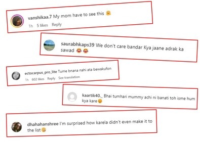 Social media users are rattled at aloo baingan being included in the list. (Screenshots: Instagram) Social media users are rattled at aloo baingan being included in the list. (Screenshots: Instagram)