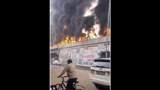 A video grab of the fire spreading on the flyover near Khanna bus stand after an oil tanker hit the divider and overturned on Wednesday afternoon.