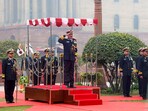 New Vice Chief of Naval Staff Dinesh K Tripathi inspects a Guard of Honour, in New Delhi.