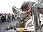 Locals seen at the site where a bus with a truck near Deragaon, in Golaghat on Wednesday.
Locals seen at the site where a bus with a truck near Deragaon, in Golaghat on Wednesday.