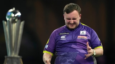 Luke Littler grimaces during the final match against Luke Humphries. (AP) Luke Littler grimaces during the final match against Luke Humphries. (AP)