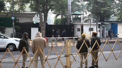 Security personnel outside the residence of Delhi CM Arvind Kejriwal at Civil Lines on Thursday morning. Security personnel outside the residence of Delhi CM Arvind Kejriwal at Civil Lines on Thursday morning.
