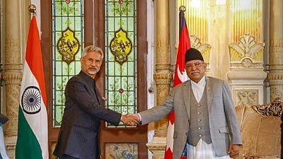External affairs minister S Jaishankar during a meeting with Nepal Prime Minister Pushpa Kamal Dahal 'Prachanda' on Thursday. (PTI)