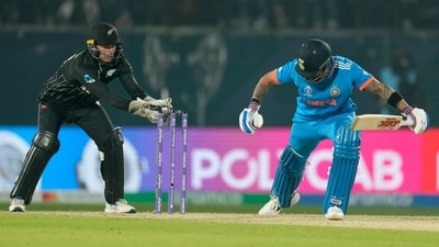 India's Virat Kohli defeats a stumping attempt during the ICC Men's Cricket World Cup match between against New Zealand (AP) India's Virat Kohli defeats a stumping attempt during the ICC Men's Cricket World Cup match between against New Zealand (AP)