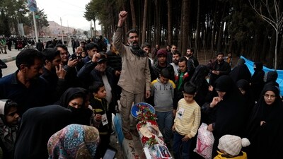 People chant slogans at the scene of Wednesday's bomb explosion in the city of Kerman, about 510 miles (820 kms) southeast of the capital Tehran, Iran, Thursday, Jan. 4, 2024. Investigators believe suicide bombers likely carried out an attack on a commemoration for an Iranian general slain in a 2020 U.S. drone strike, state media reported Thursday, as Iran grappled with its worst mass-casualty attack in decades and as the wider Mideast remains on edge. (AP Photo/Vahid Salemi) (AP) People chant slogans at the scene of Wednesday's bomb explosion in the city of Kerman, about 510 miles (820 kms) southeast of the capital Tehran, Iran, Thursday, Jan. 4, 2024. Investigators believe suicide bombers likely carried out an attack on a commemoration for an Iranian general slain in a 2020 U.S. drone strike, state media reported Thursday, as Iran grappled with its worst mass-casualty attack in decades and as the wider Mideast remains on edge. (AP Photo/Vahid Salemi) (AP)