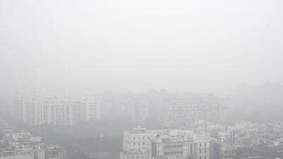 Noida, India- January 04, 2024: A hazy view of the city seen amid rising air pollution levels Delhi NCR, in Noida, India, on Thursday, January 04, 2024. (Photo by Sunil Ghosh / Hindustan Times)