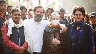 Congress leader Rahul Gandhi with his mother and party leader Sonia Gandhi and his sister and General Secretary Priyanka Gandhi Vadra during the Bharat Jodo Yatra, (PTI file) Congress leader Rahul Gandhi with his mother and party leader Sonia Gandhi and his sister and General Secretary Priyanka Gandhi Vadra during the Bharat Jodo Yatra, (PTI file)