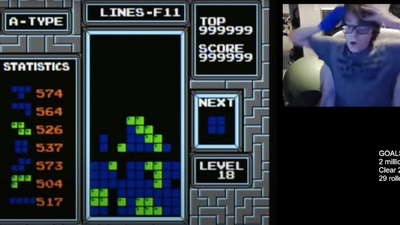In this image taken from video, 13-year-old player named Willis Gibson reacts after playing a game of Tetris. Gibson, who in late December became the first player to officially “beat” the original Nintendo version of the game. By breaking it, of course. Technically, Gibson — aka “blue scuti” in the gaming world — made it to what gamers call a “kill screen,” a point where the Tetris code glitches, crashing the game. (AP) In this image taken from video, 13-year-old player named Willis Gibson reacts after playing a game of Tetris. Gibson, who in late December became the first player to officially “beat” the original Nintendo version of the game. By breaking it, of course. Technically, Gibson — aka “blue scuti” in the gaming world — made it to what gamers call a “kill screen,” a point where the Tetris code glitches, crashing the game. (AP)