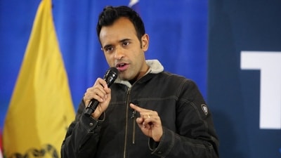 Vivek Ramaswamy reacted to the disclosure of the Jeffrey Epstein documents during a speech at Town Hall in Harrison County (REUTERS/Rachel Mummey) (REUTERS)