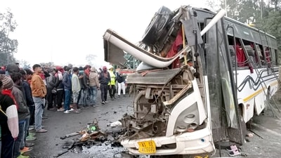 Locals seen at the site where a bus with a truck near Deragaon, in Golaghat on Wednesday. (ANI) Locals seen at the site where a bus with a truck near Deragaon, in Golaghat on Wednesday. (ANI)