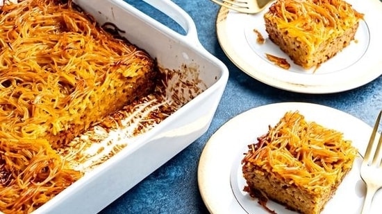 Yerushalmi Kugel from Israel: Yerushalmi Kugel is a traditional Jewish dish originating from Jerusalem, Israel. It is a type of noodle pudding made with thin egg noodles, caramelized sugar, black pepper, and sometimes other spices.&nbsp;&nbsp;(Pinterest)