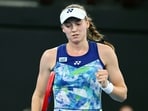 Elena Rybakina of Kazakhstan reacts after winning a point in her quarter-final match against Anastasia Potapova of Russia during the Brisbane International tennis tournament in Brisbane, Australia, Friday, Jan. 5