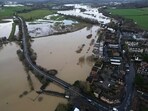 An areal view of flooding in Pulborough, West Sussex, England.