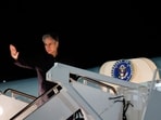 US Secretary of State Antony Blinken waves before boarding an aircraft at Joint Base Andrews, Maryland, to travel to the Middle East on January 4, 2024, amid the ongoing battles between Israel and the Palestinian group Hamas. (Photo by EVELYN HOCKSTEIN / POOL / AFP) US Secretary of State Antony Blinken waves before boarding an aircraft at Joint Base Andrews, Maryland, to travel to the Middle East on January 4, 2024, amid the ongoing battles between Israel and the Palestinian group Hamas. (Photo by EVELYN HOCKSTEIN / POOL / AFP)