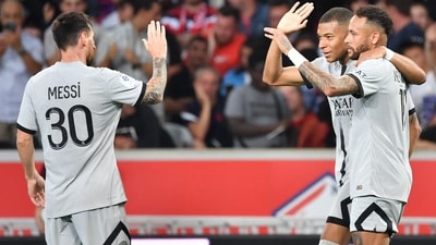 Kylian Mbappe celebrates with Neymar and Lionel Messi. (AFP) Kylian Mbappe celebrates with Neymar and Lionel Messi. (AFP)