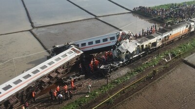 Bandung Raya local train collided with the Turangga train in Cicalengka, Bandung, West Java province, Indonesia. (Reuters)